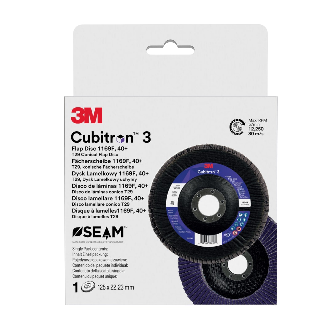 3M™ Cubitron™ 3 Flap Disc 1169F, 40+, T29-Konikal, 125 mm x 22.23 mm, 1/Adet, 10 Adet/Kutu, Numune Paketi