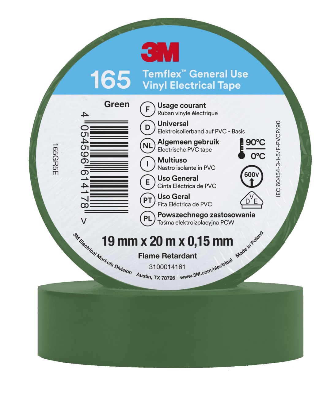 3M™ Temflex™ Vinil Elektrik Bandı 165, Yeşil, 19 mm x 20 m