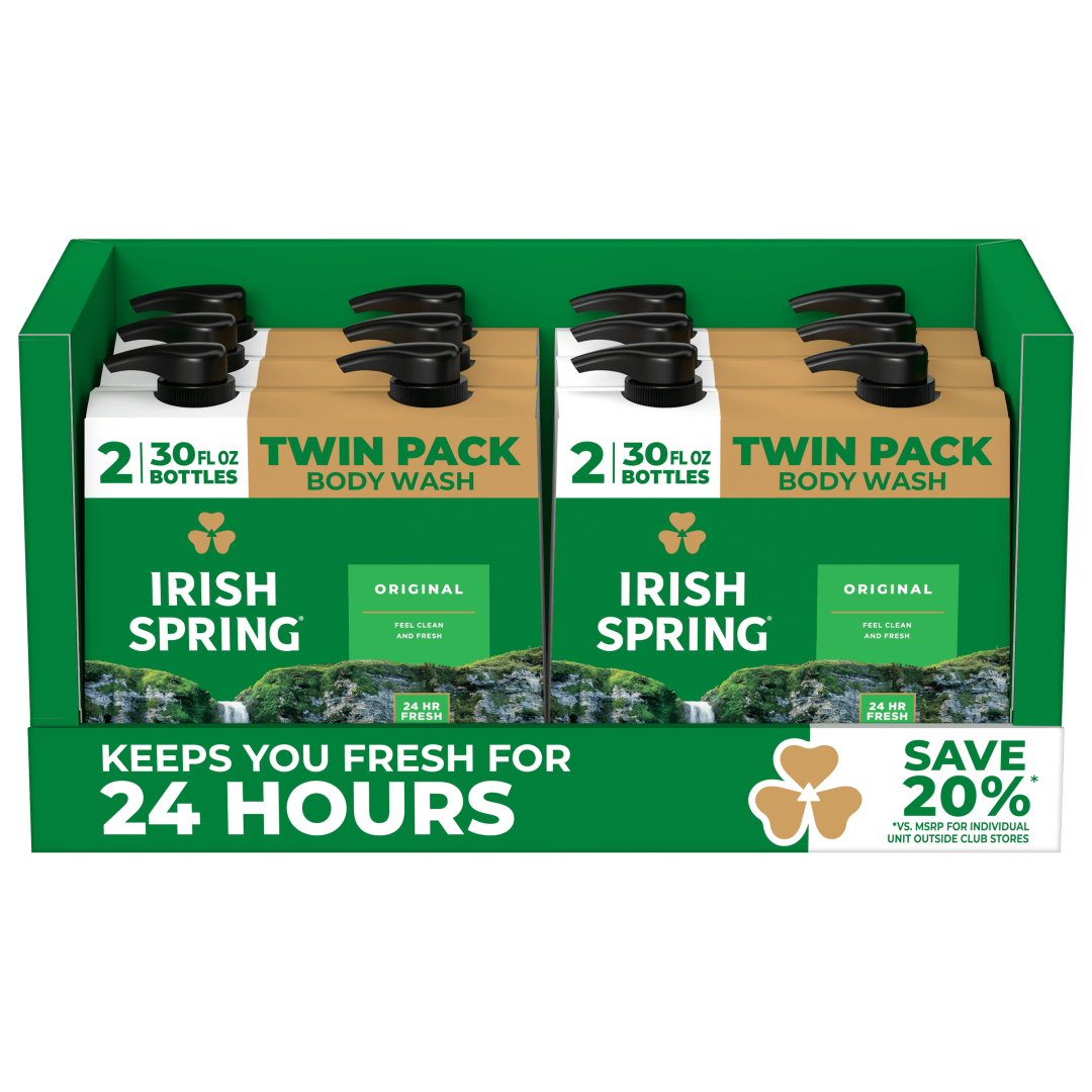 Irish Spring Original Moisturizing Body Wash for Men, 24-Hour Fresh, Face and Body Wash, Men’s Body Wash, Biodegradable Ingredients, Paraben Free, Cool Fresh Scent, 30 fl oz Pump Bottle (2 Pack)
