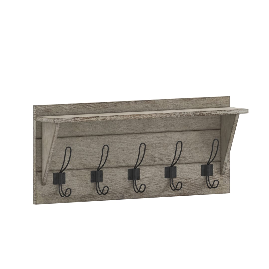 Daly Wall Mounted 24 Inch Solid Pine Wood Storage Rack with Upper Shelf and 5 Hooks For Entryway, Kitchen, Bathroom, Weathered