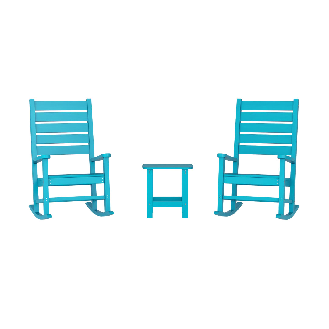 Manchester Commercial Grade 3-Piece Indoor/Outdoor Set with 2 Contemporary All-Weather HDPE Rocking Chairs and End Table in Blue