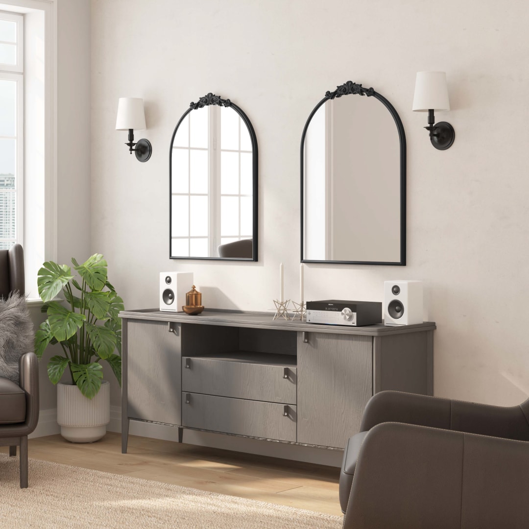 Esme 35" x 24" Traditional Arched Wall Mirror with Baroque Detail - Large Accent Mirror for Bathroom, Entryway, Dining Room, &amp; Living Room in Black