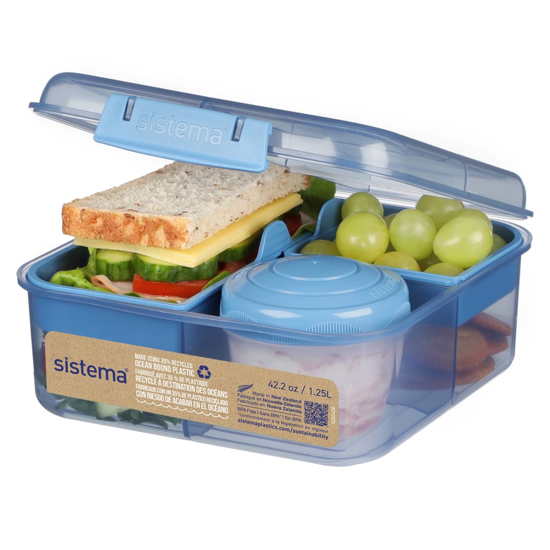Sistema Ocean Bound Plastic Bento Box | Lunch Box with Yoghurt/Fruit Pot | 1.25 L Square | BPA-Free Made Using Recycled Plastic | Assorted Colours (Varies by Pack)