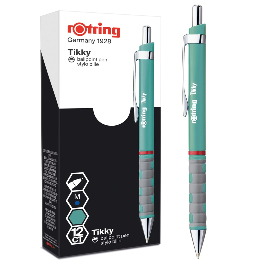 rOtring Tikky Pastel Ballpoint Pens | Blue Ink | Medium Point (1.0mm) | Sea Blue Barrels | Lightweight with Rubberised Grip | 12 Count