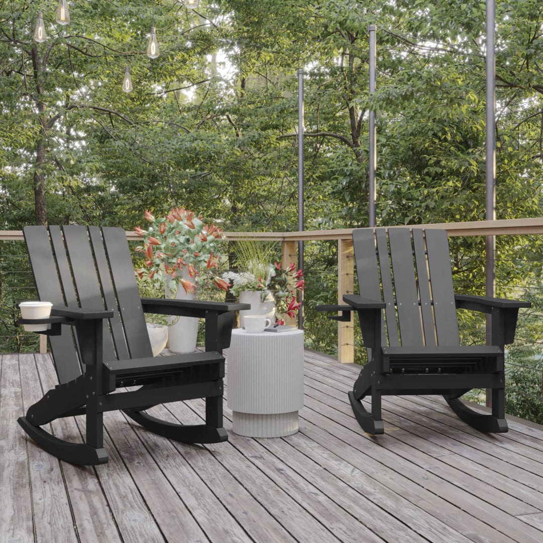 Halifax Adirondack Rocking Chair with Cup Holder, Weather Resistant HDPE Adirondack Rocking Chair in Gray, Set of 2