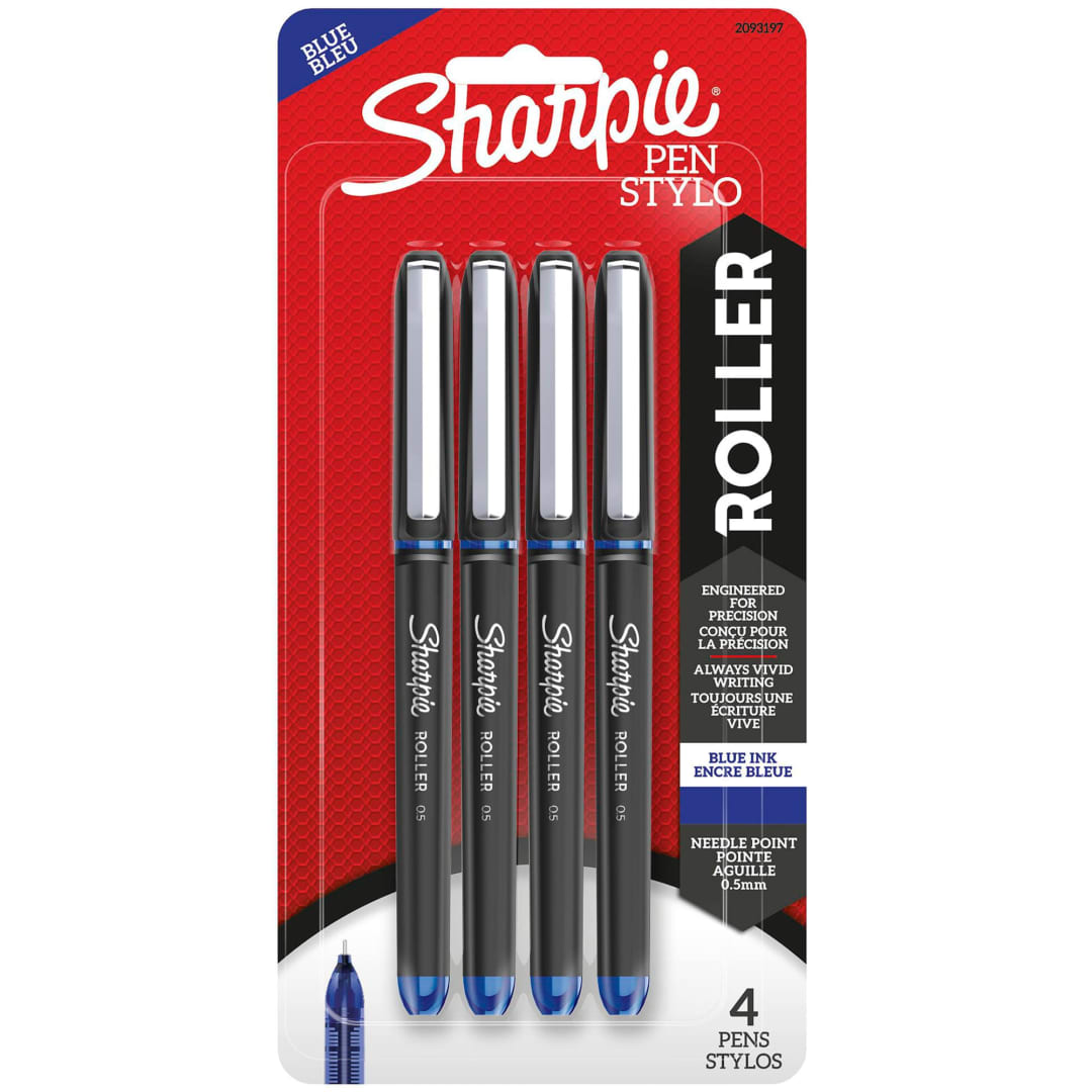Sharpie® RollerBall® Pen, Needle Point (0.5mm) Precision Pen, Blue Ink, 4 Count