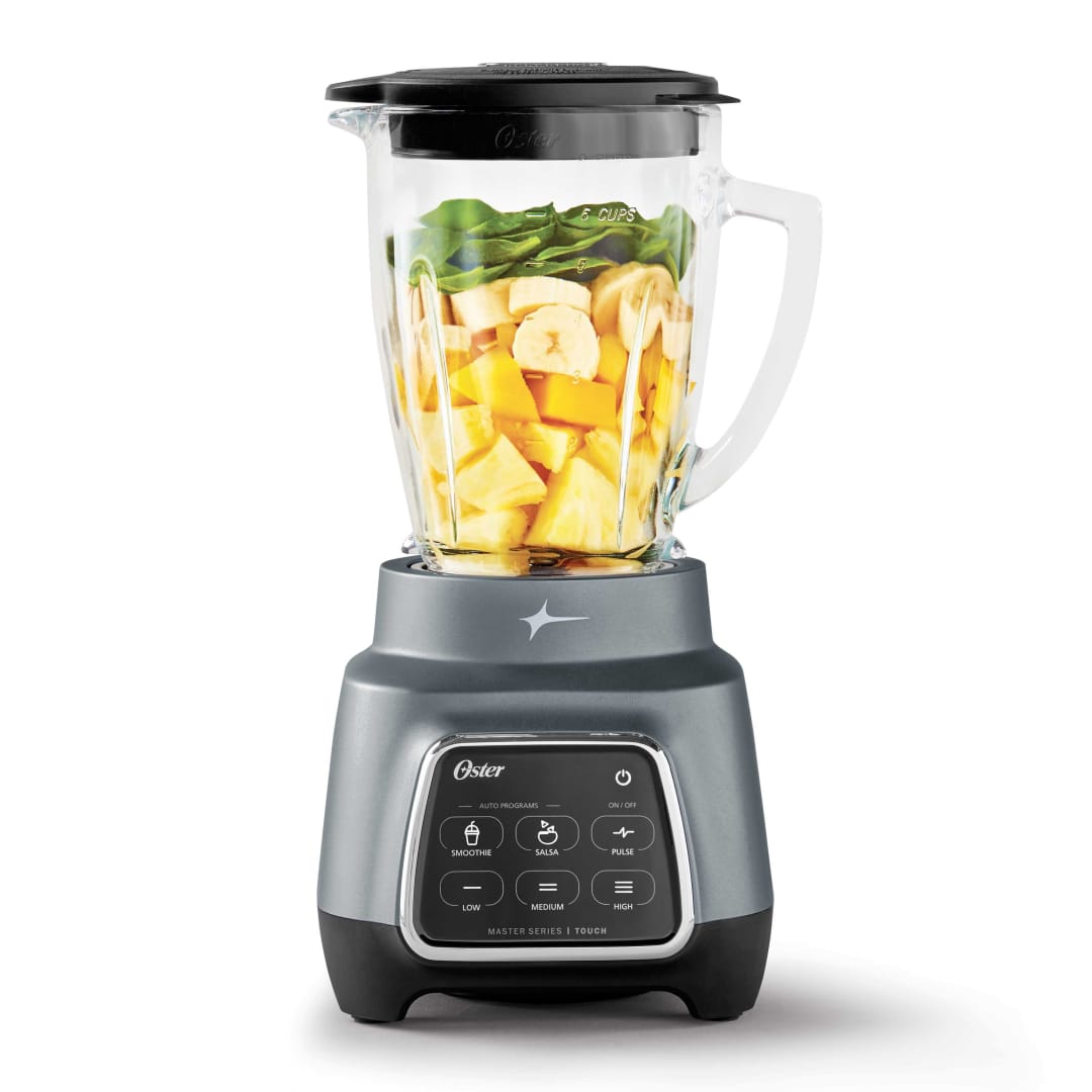Oster® Licuadora, con Controles Táctiles, y Programas Automáticos, Vaso de Vidrio, 800 W, Gris