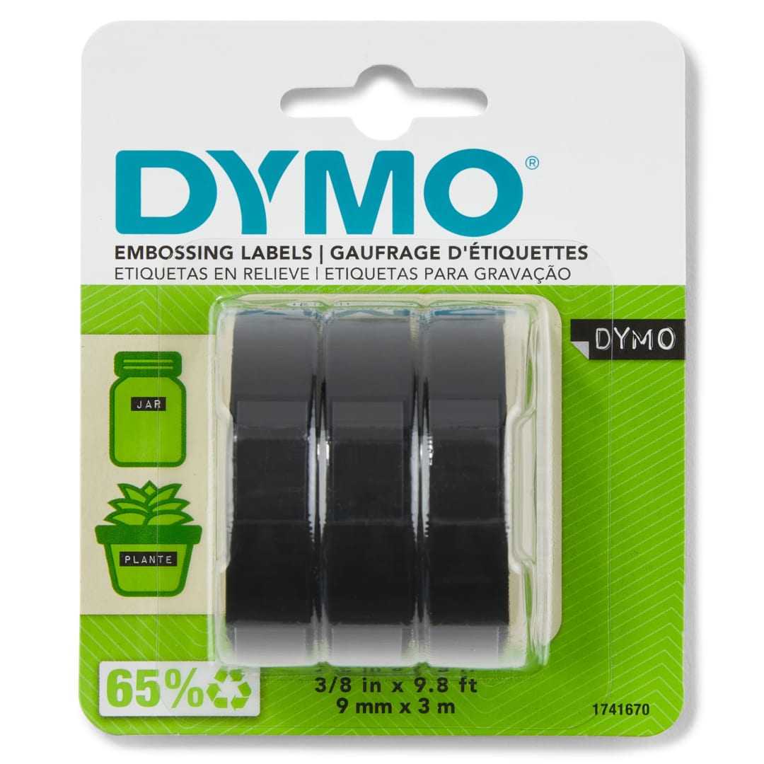 DYMO® Self-Adhesive Embossing Labels, White Print on Black Tape, 3/8-Inch x 9.8-Foot Roll, 3 Pack