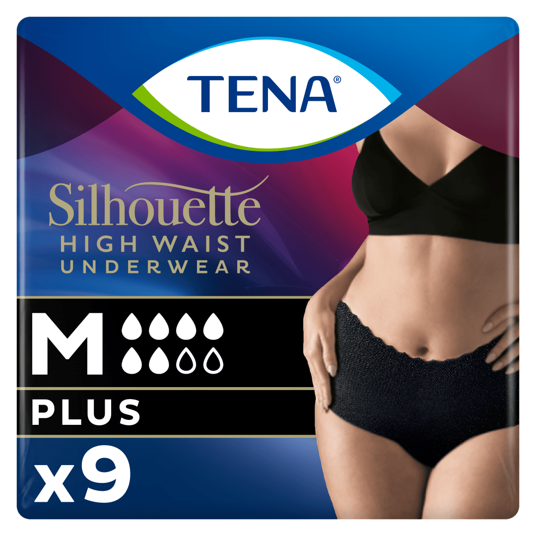 TENA Silhouette Plus High Waist – Elegant Discreet Incontinence Underwear for Women, Moderate to Heavy Leakage Protection, Stylish Design &amp; Triple Protection, Black, Medium, Pack of 9