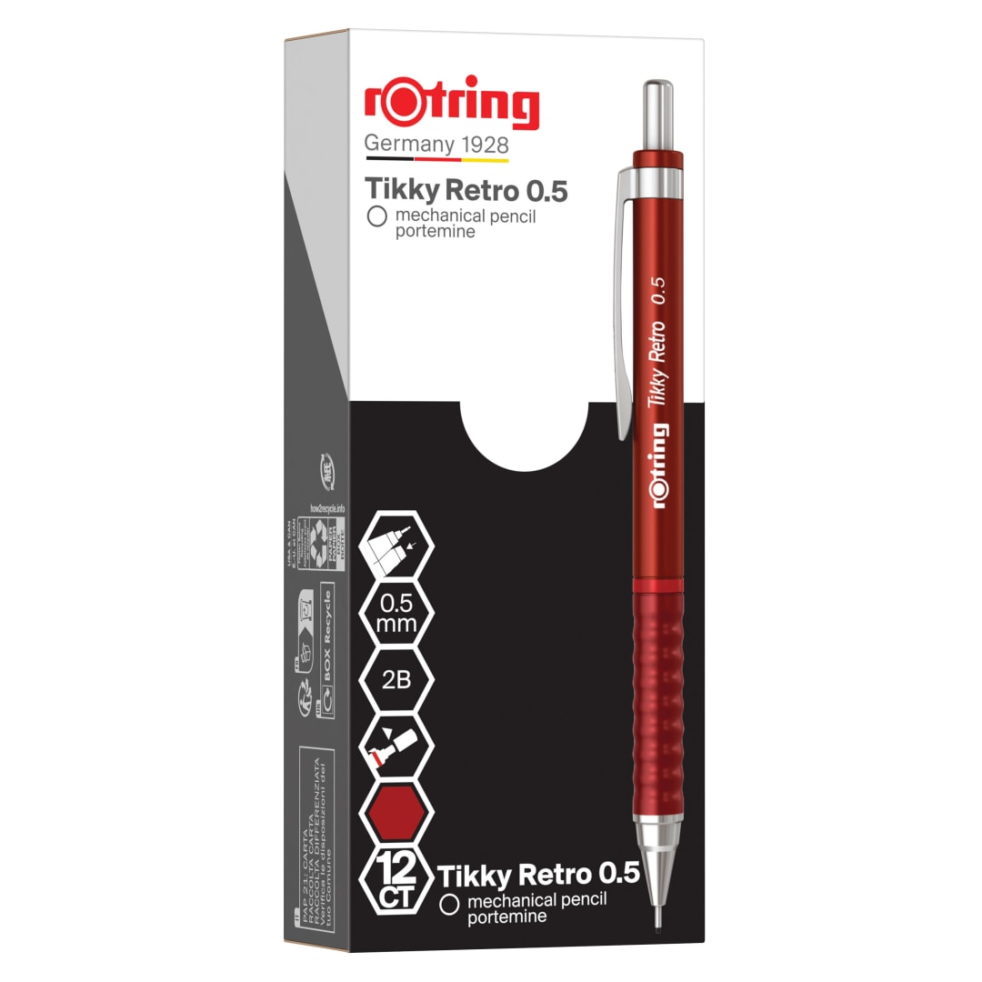 rOtring Tikky Retro Portaminas | 2B 0,5 mm | Cuerpo rojo | Cómodo agarre ondulado | 12 unidades