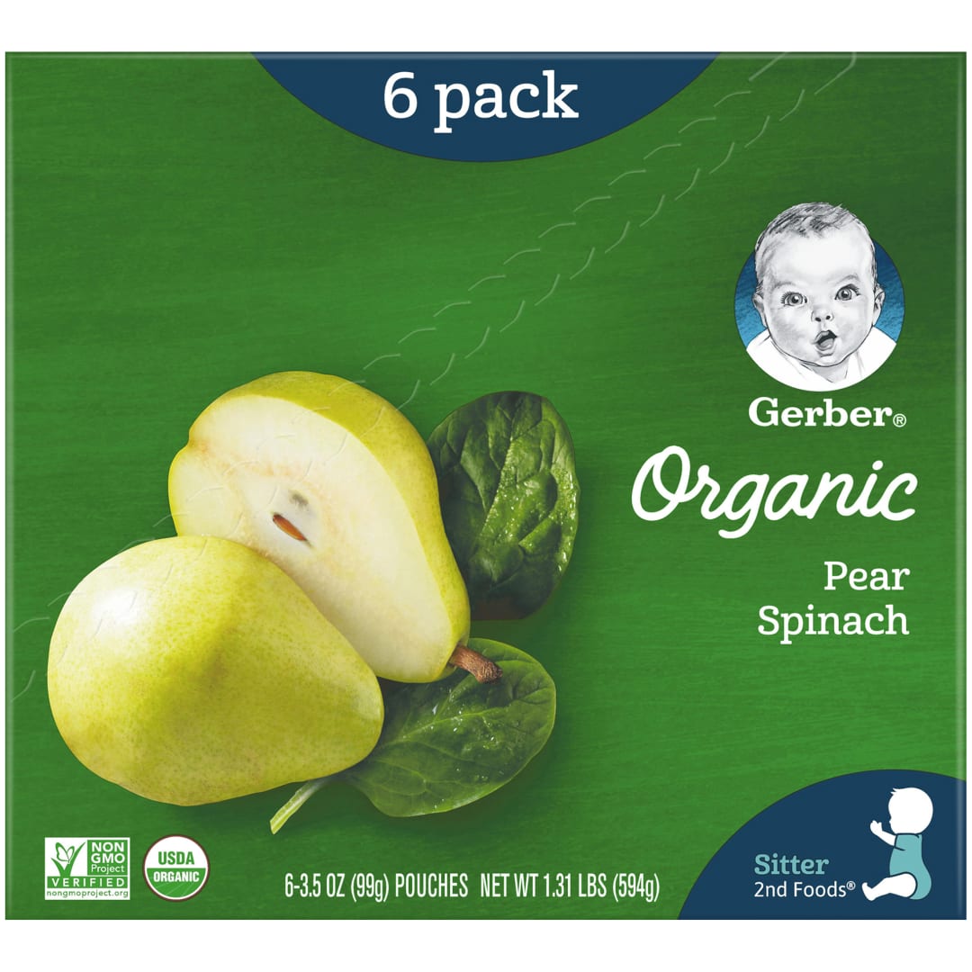 Gerber Organic Stage 2 Baby Food, Pear Spinach, 3.5 oz Pouch (6 Pack)