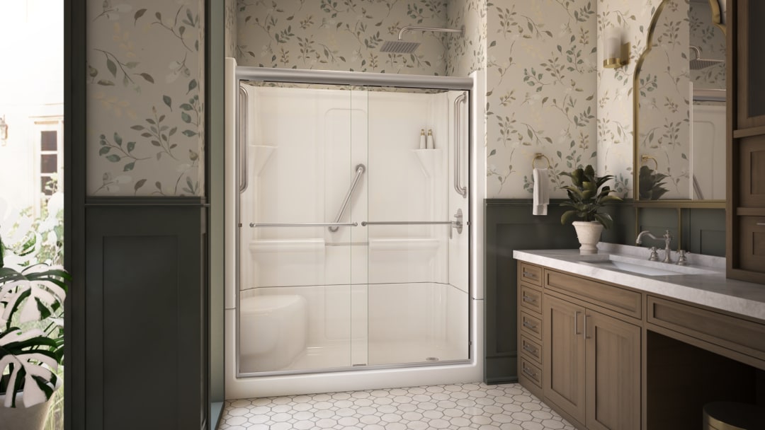 DreamLine Accessible Living Harmony Shower Kit, RH Drain, with Door and Grab Bars, Brushed Nickel