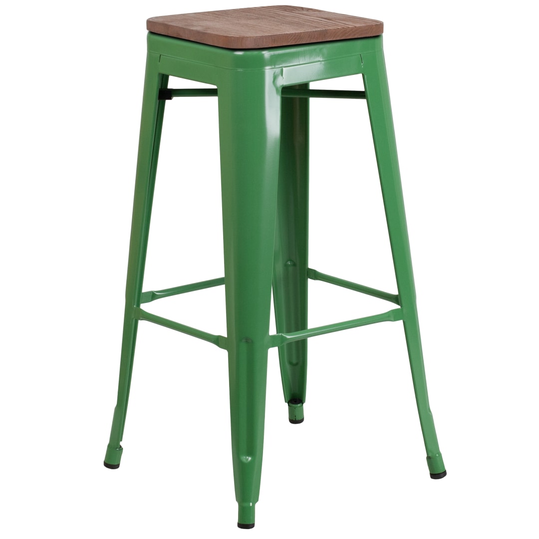 Lily 30" High Backless Green Metal Barstool with Square Wood Seat