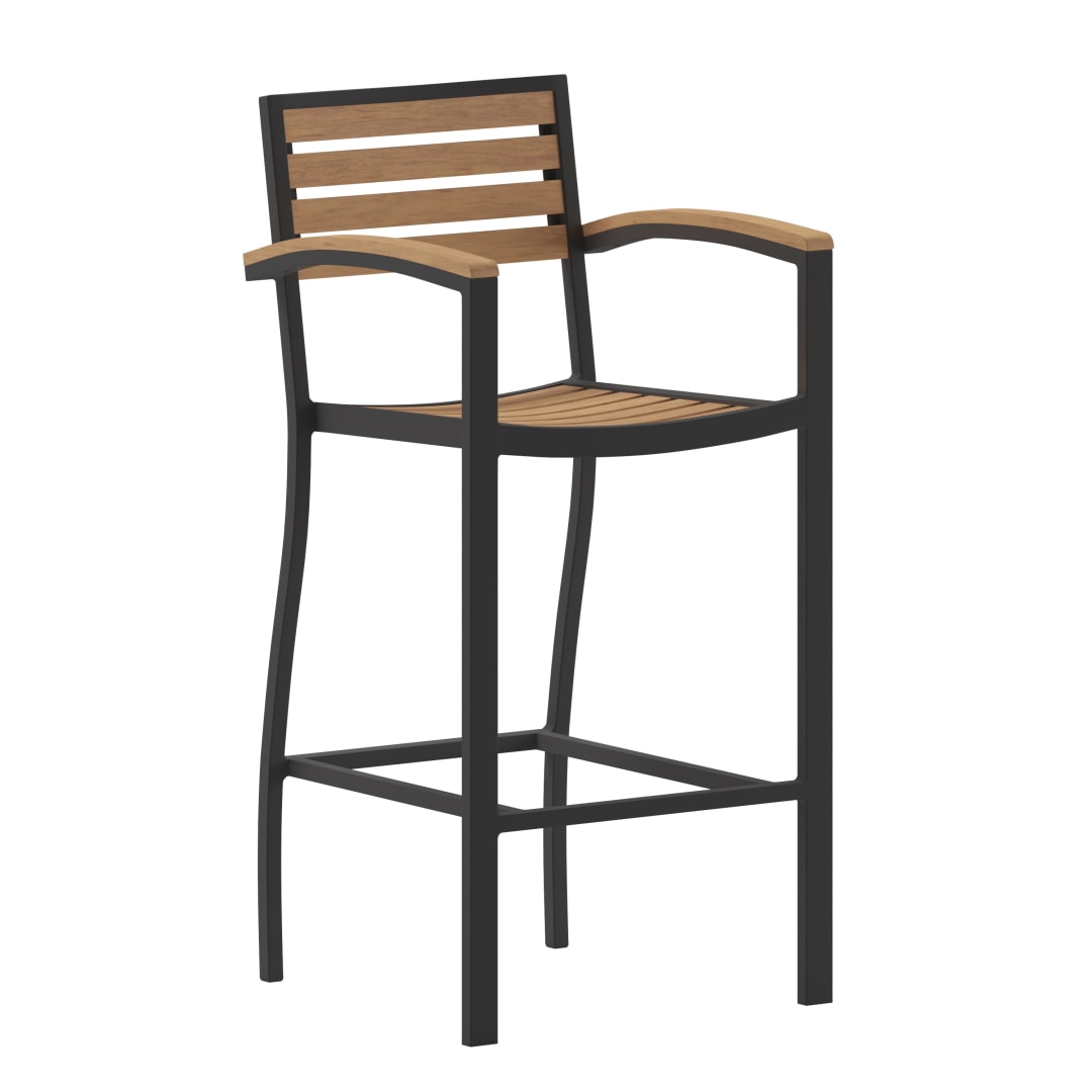 Lark Commercial Grade Bar Height Stool with Arms, All-Weather Outdoor Bar Stool with Faux Wood Poly Resin Slats and Aluminum Frame, Teak