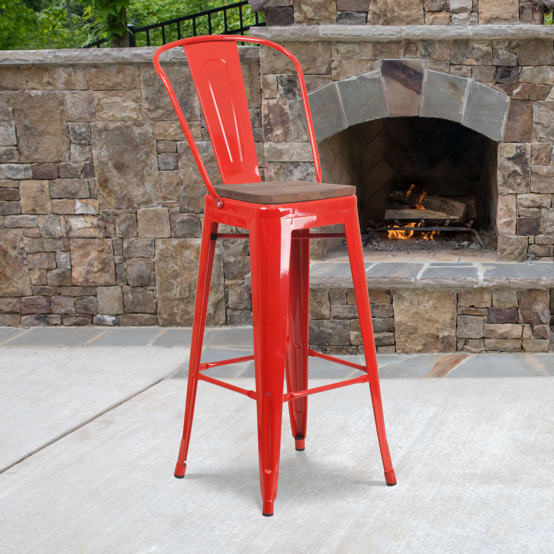 Lily 30" High Red Metal Barstool with Back and Wood Seat