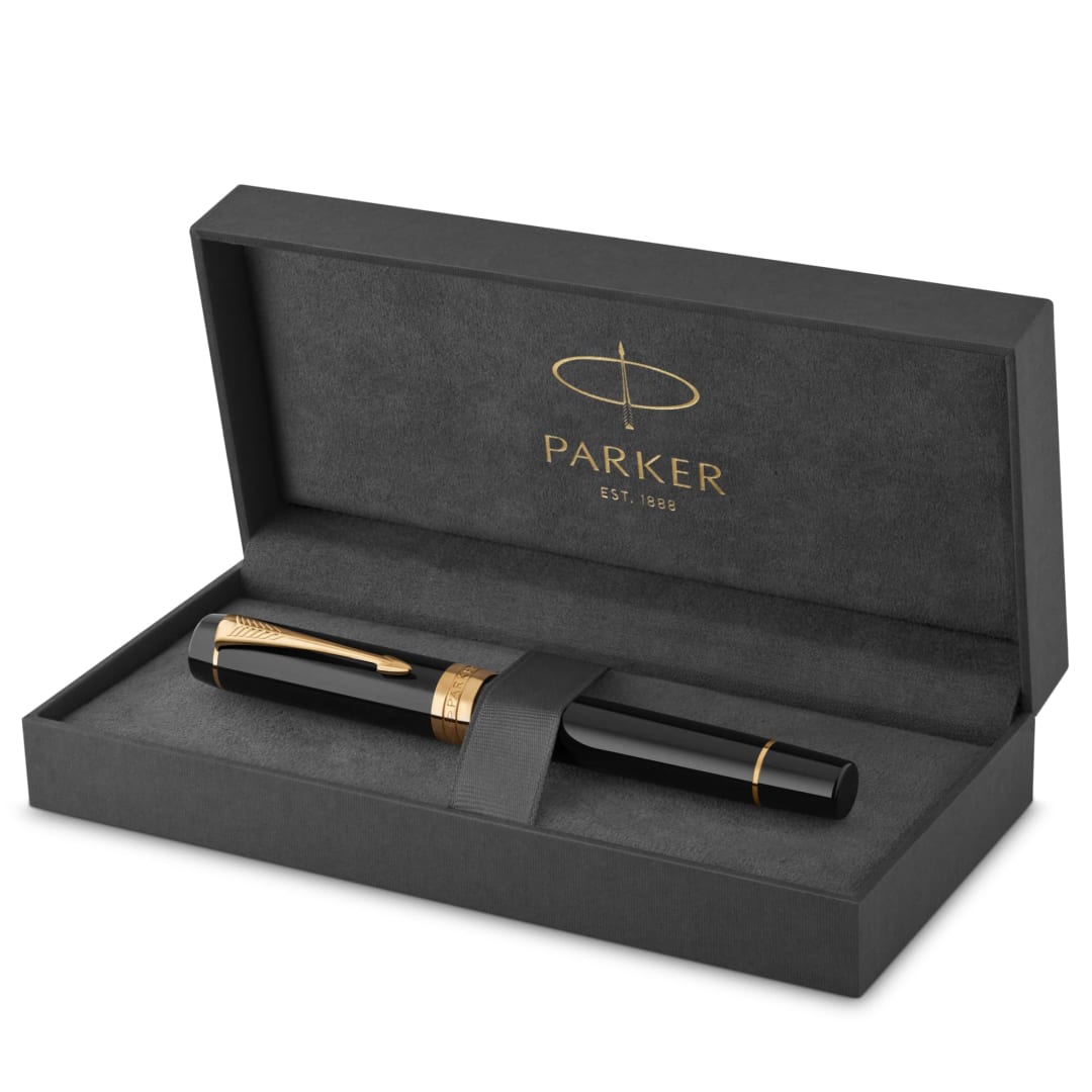 Parker Duofold Centennial Fountain Pen, Classic Black with Gold Trim, Medium Solid Gold Nib, Black Ink and Convertor