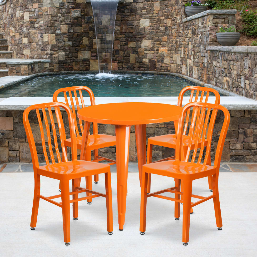 Chad Commercial Grade 30" Round Orange Metal Indoor-Outdoor Table Set with 4 Vertical Slat Back Chairs
