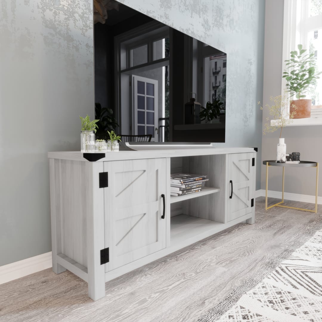 Charlotte Modern Farmhouse Barn Door TV Stand in Light Gray for TV's up to 65 Inches - 58 Inch Industrial Entertainment Center with Adjustable Shelf