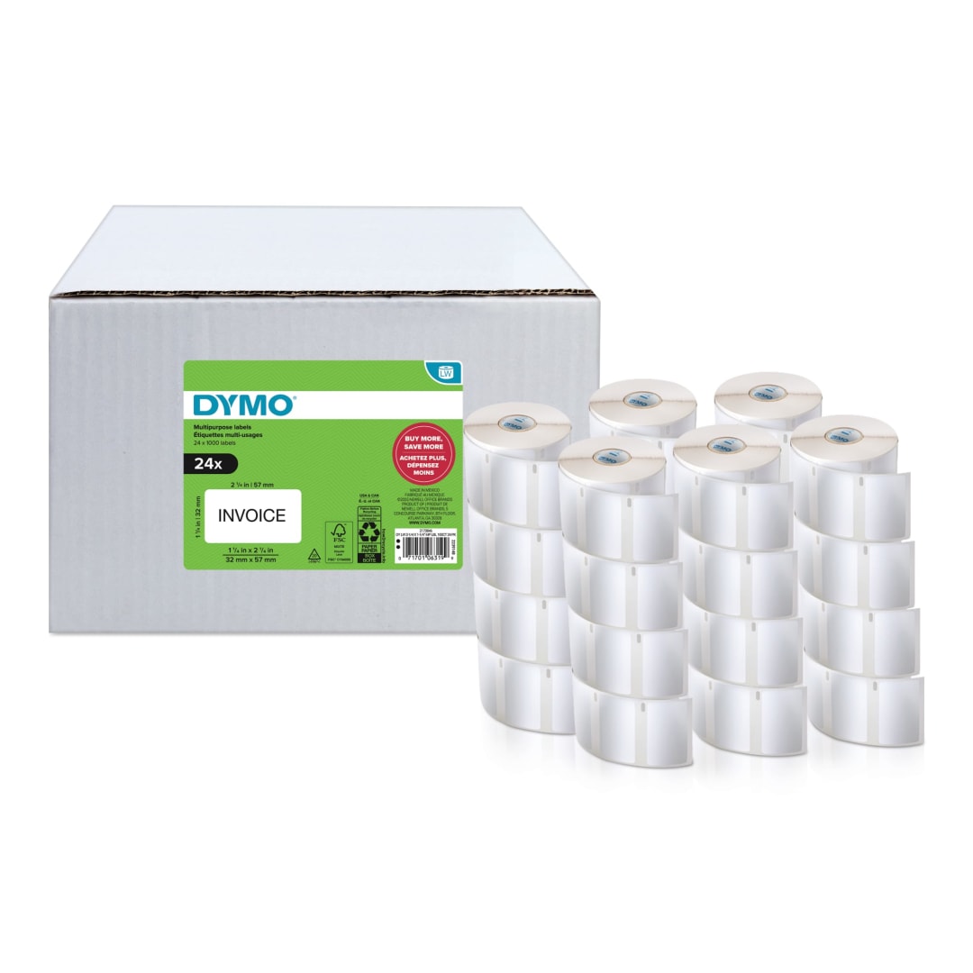 DYMO® Authentic Multi-Purpose Labels for LabelWriter™ Label Printers, White, 2-1/4" x 1-1/4", 24 rolls of 1000