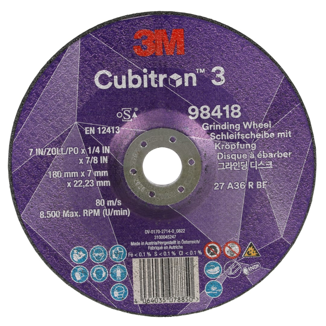 3M™ Cubitron™ 3 Bombeli Taşlama Taşı, 98418, 36+, T27, 180 mm x 7 mm x 22,23 mm, EN, 10/Paket, 20 adet/Kutu