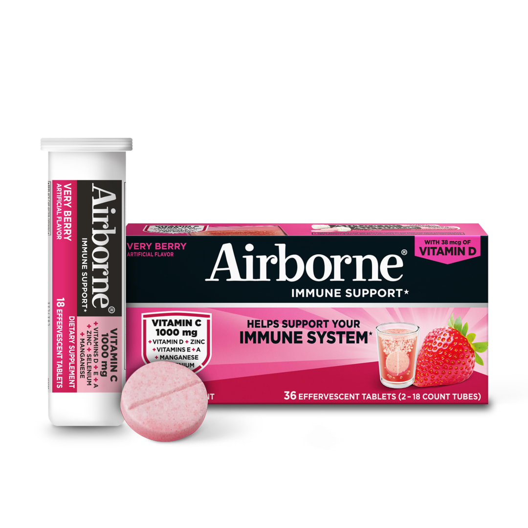 Airborne Immune Support Very Berry Effervescent Tablets - 36ct with 1000mg Vitamin C + Vitamins A, D, E, Zinc, Selenium, Manganese & Herbal Blend - Sugar‑Free, Gluten‑Free