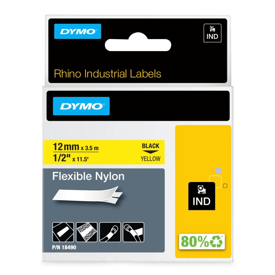 DYMO® Rhino Industrial Flexible Nylon Labels, 1/2" x 11.5', Black Print on Yellow Tape