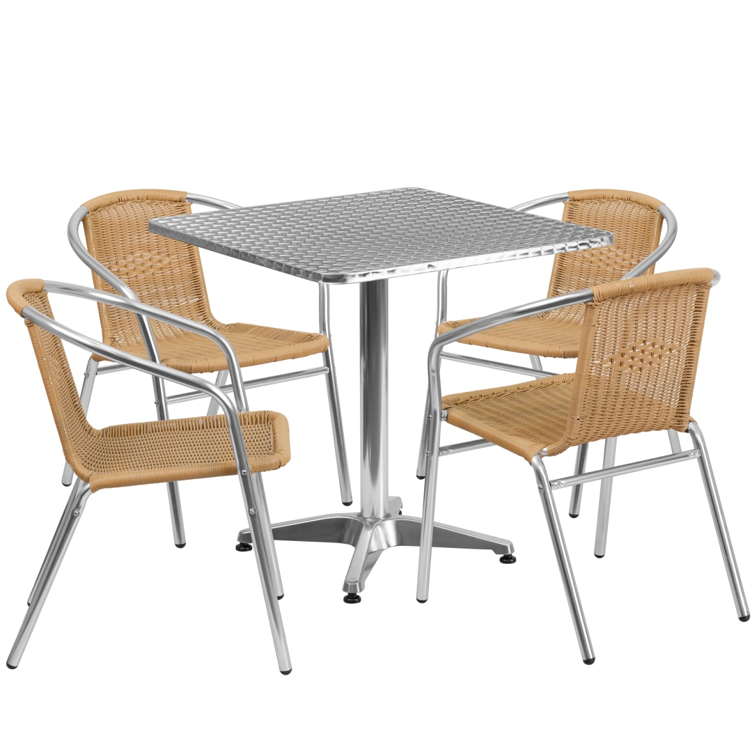 Lila 27.5'' Square Aluminum Indoor-Outdoor Table Set with 4 Beige Rattan Chairs