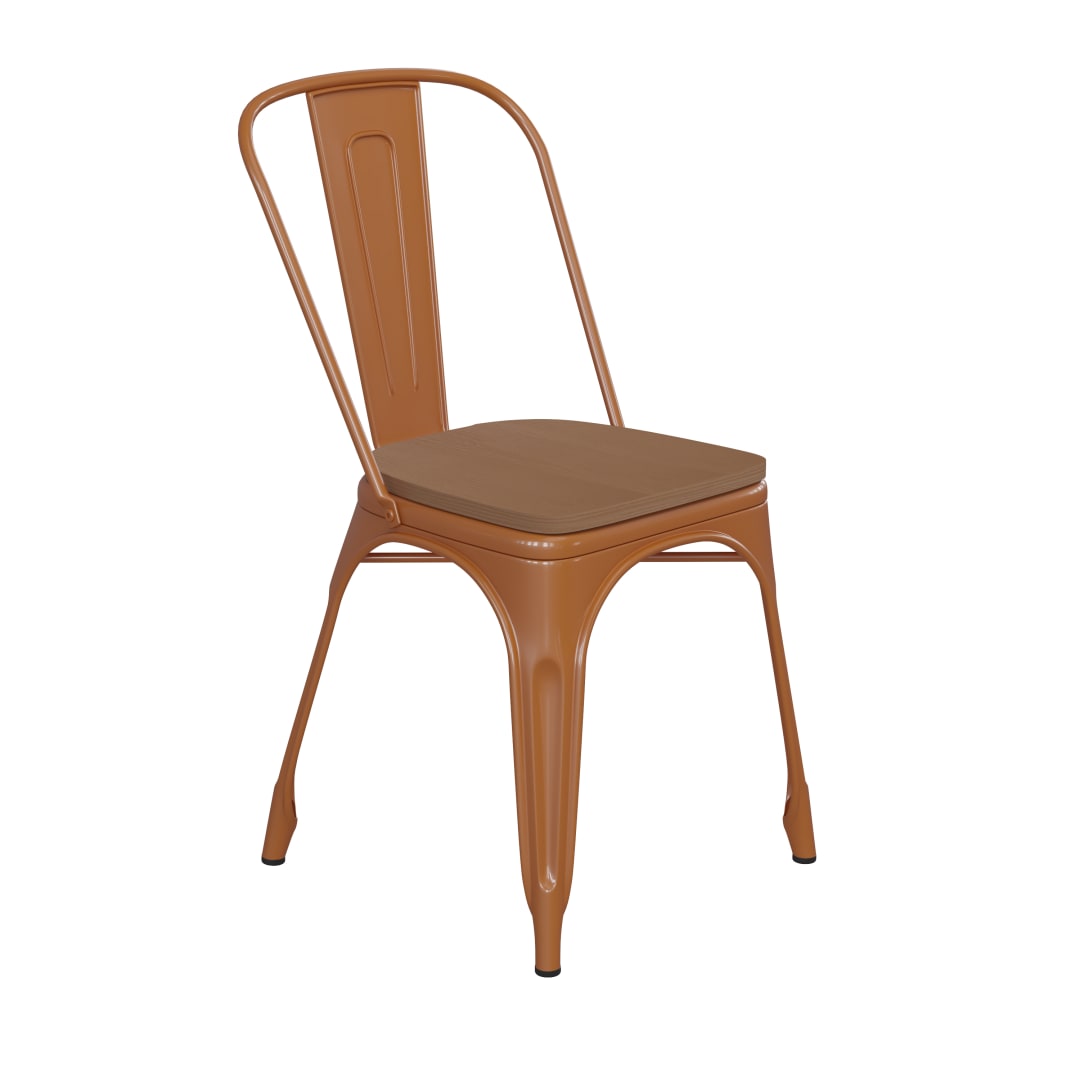 Perry Commercial Grade Orange Metal Indoor-Outdoor Stackable Chair with Teak Poly Resin Wood Seat