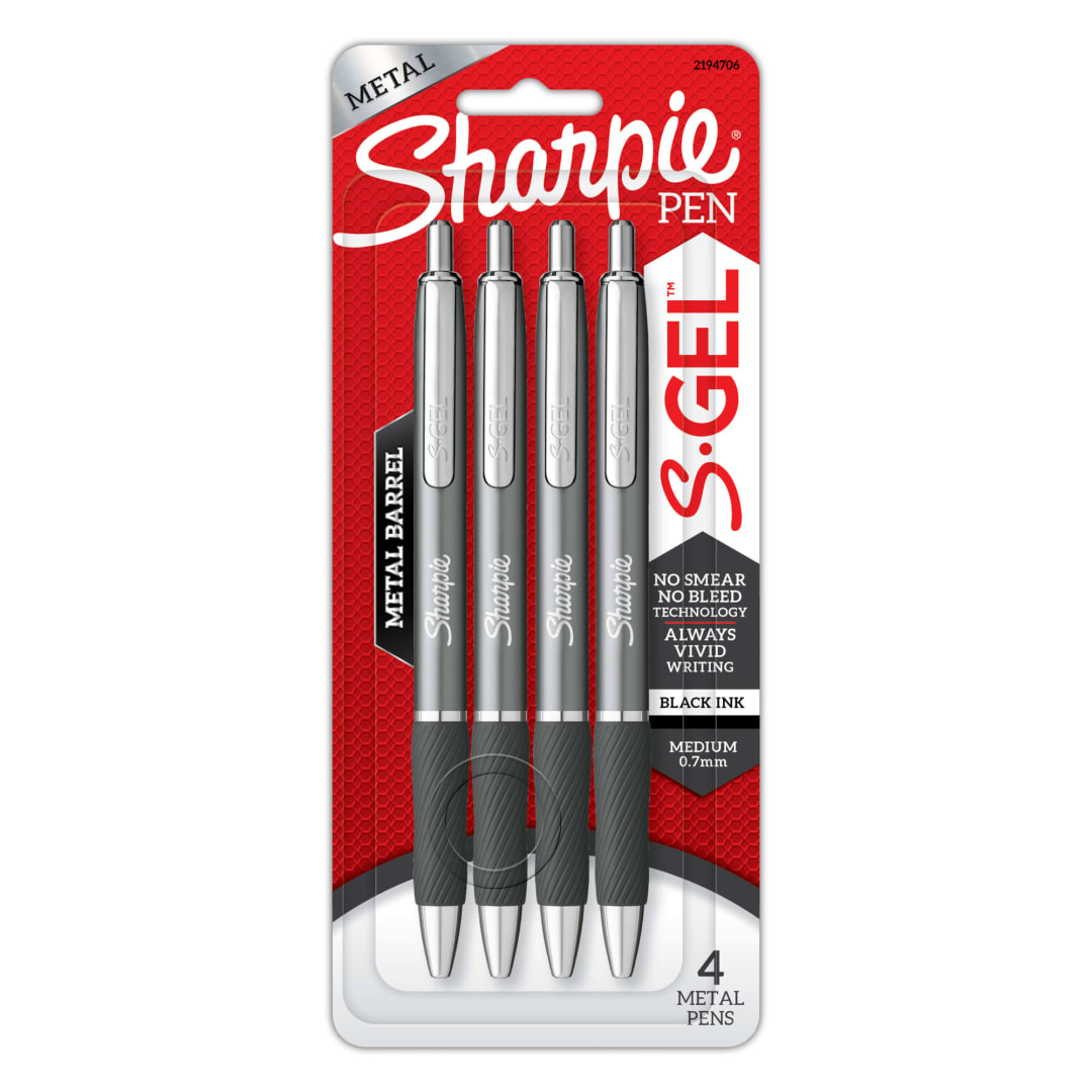 Sharpie® S-Gel, Gel Pens, Sleek Metal Barrel, Gunmetal, Medium Point (0.7mm), Black Ink, 4 Count