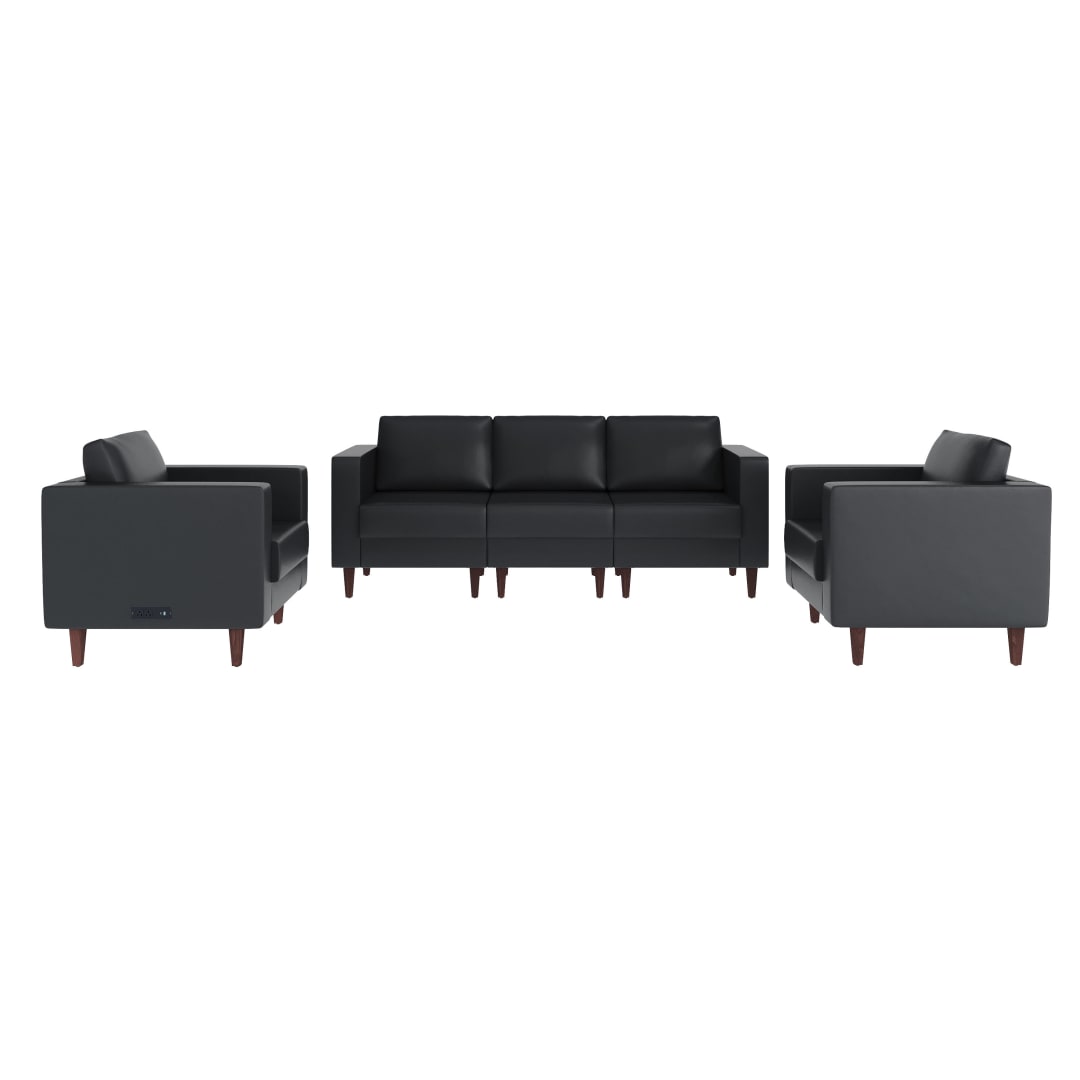 HERCULES Artemis 3 Piece Black LeatherSoft Sofa and 2 Chair Set, 8 AC Outlets/4 USB/4 USB-C Ports, Solid Wood Walnut Legs with Adjustable Glides