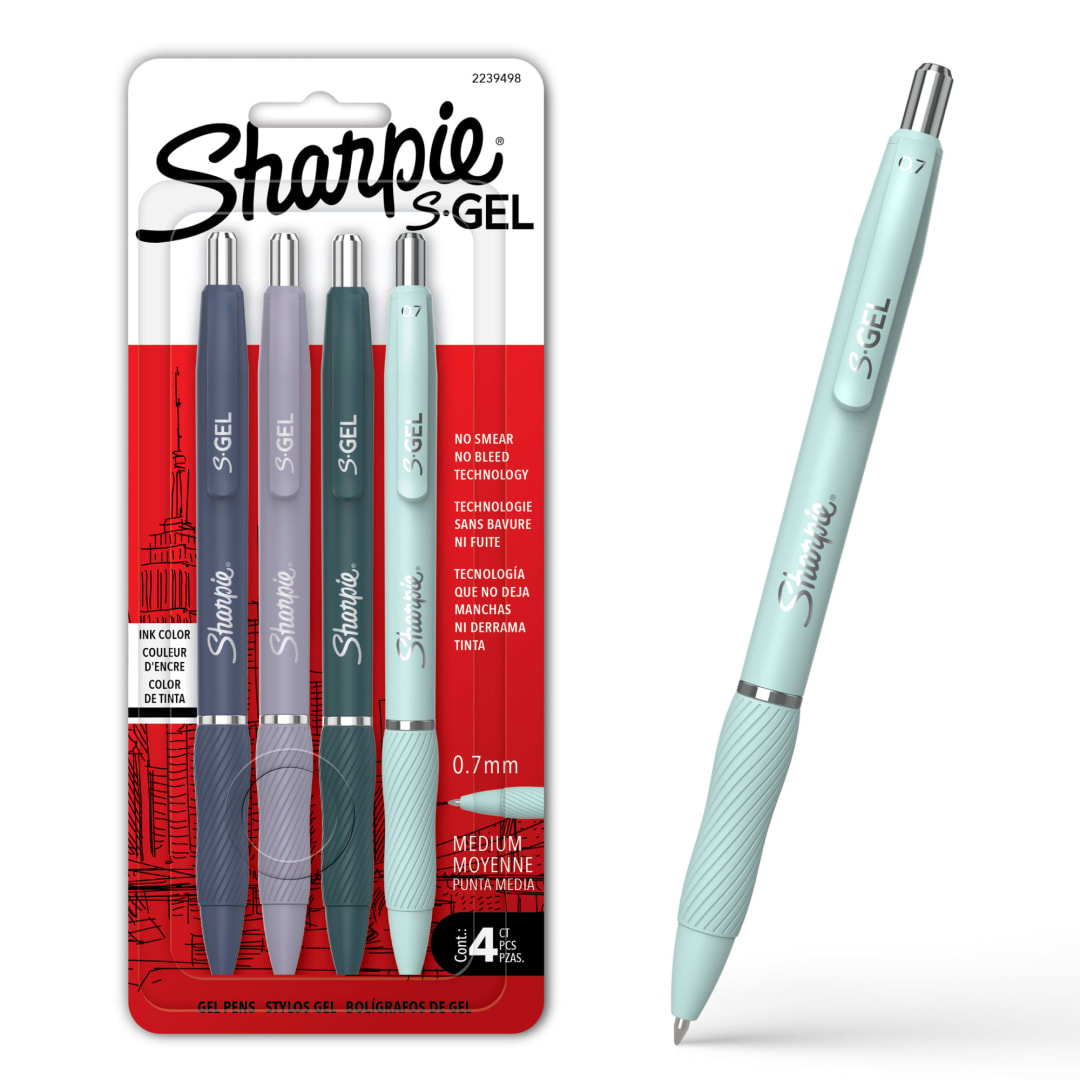 Sharpie S-Gel, Gel Pens, Medium Point (0.7mm), Assorted Fashion Barrels, Black Ink, 4 Count