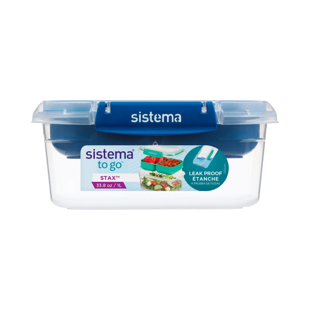 Sistema Stax To Go 1L Rectangle Food Storage Container, Leakproof Airtight Container, Bento Box Style with Dual Tray, Made With Food Safe Material, Blue OR Teal (Colour Not Selectable), 1 Pack