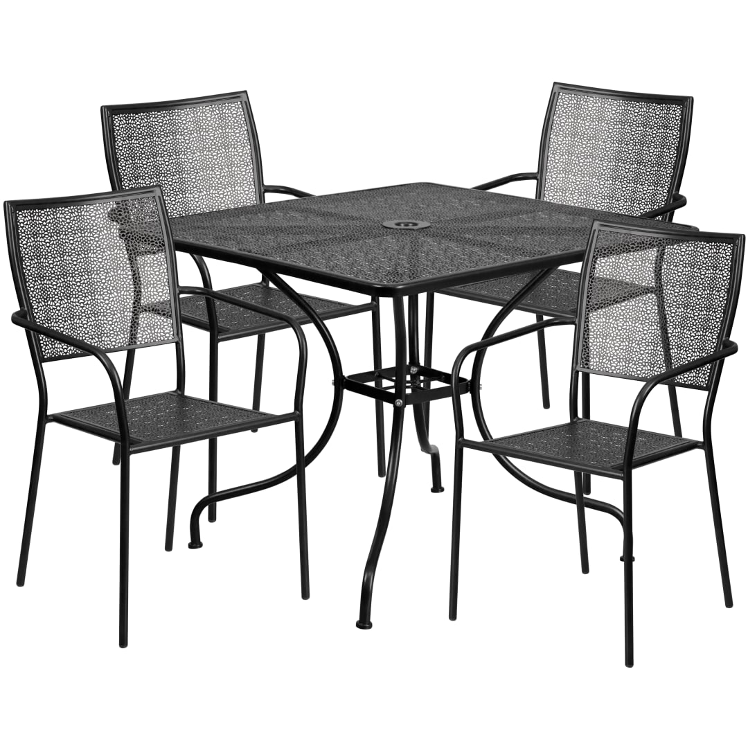 Oia Commercial Grade 35.5" Square Black Indoor-Outdoor Steel Patio Table Set with 4 Square Back Chairs