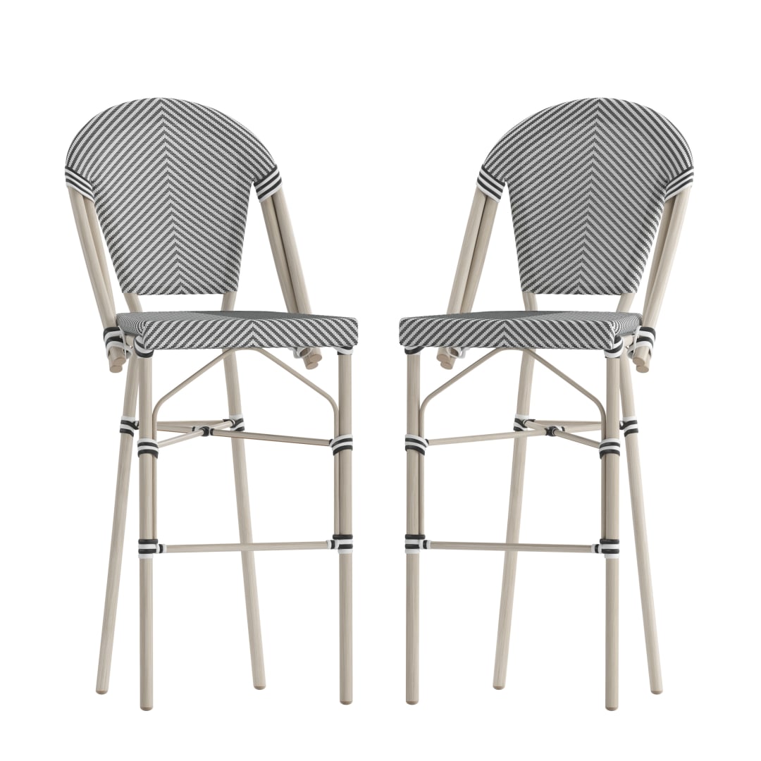 Marseille Set of 2 Stackable Indoor/Outdoor Bistro 30" High Barstools, Commercial Grade, Black/White and Light Bamboo Finish