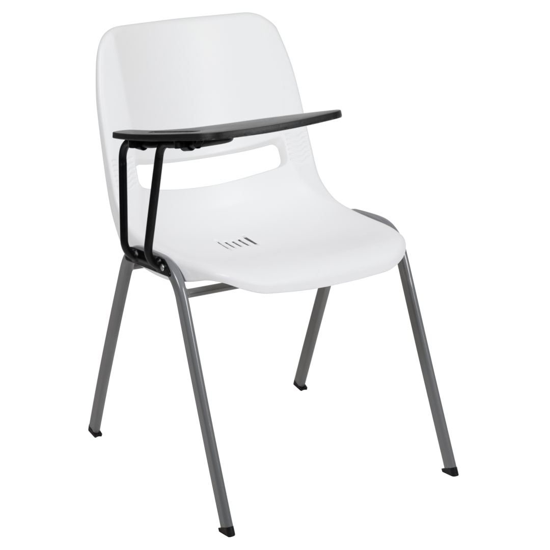 HERCULES White Ergonomic Shell Chair with Right Handed Flip-Up Tablet Arm
