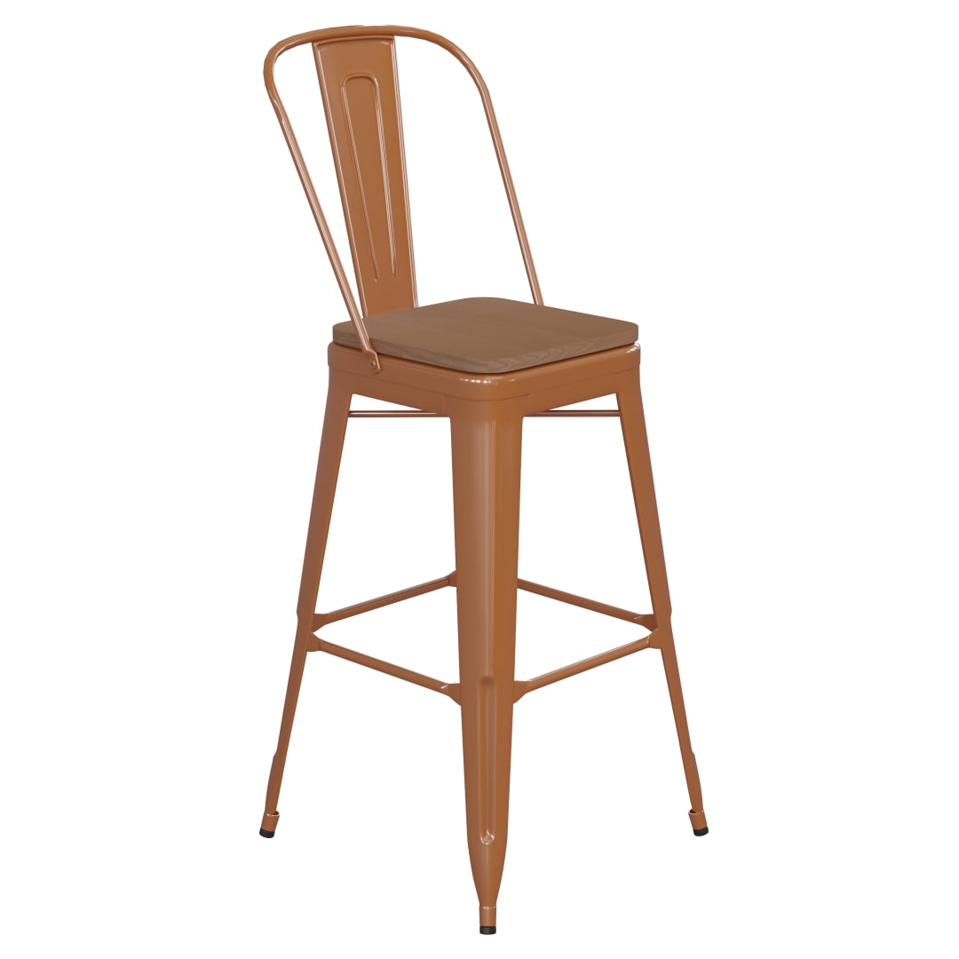 Kai Commercial Grade 30" High Orange Metal Indoor-Outdoor Bar Height Stool with Removable Back and Teak All-Weather Poly Resin Seat