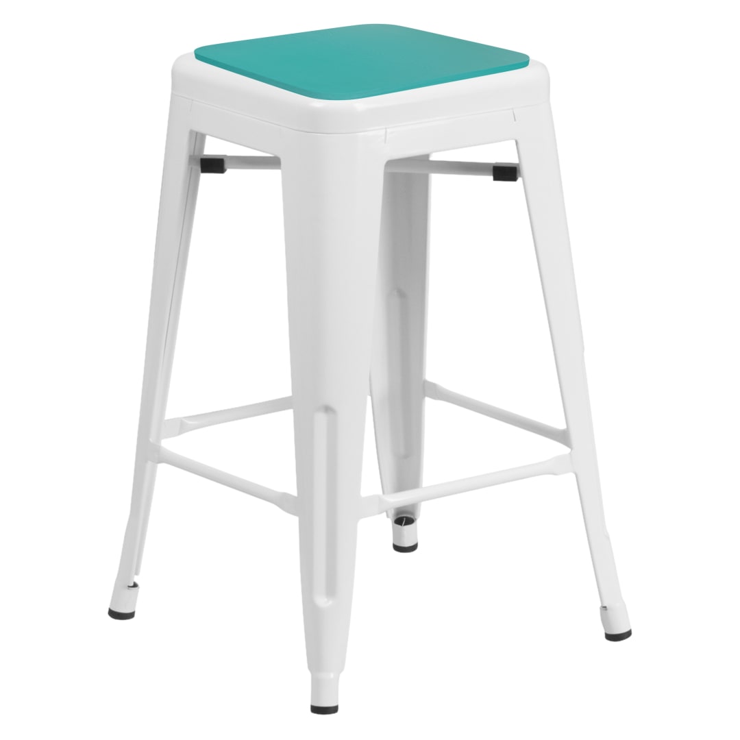 Kai Commercial Grade 24" High Backless White Metal Indoor-Outdoor Counter Height Stool with Mint Green Poly Resin Wood Seat