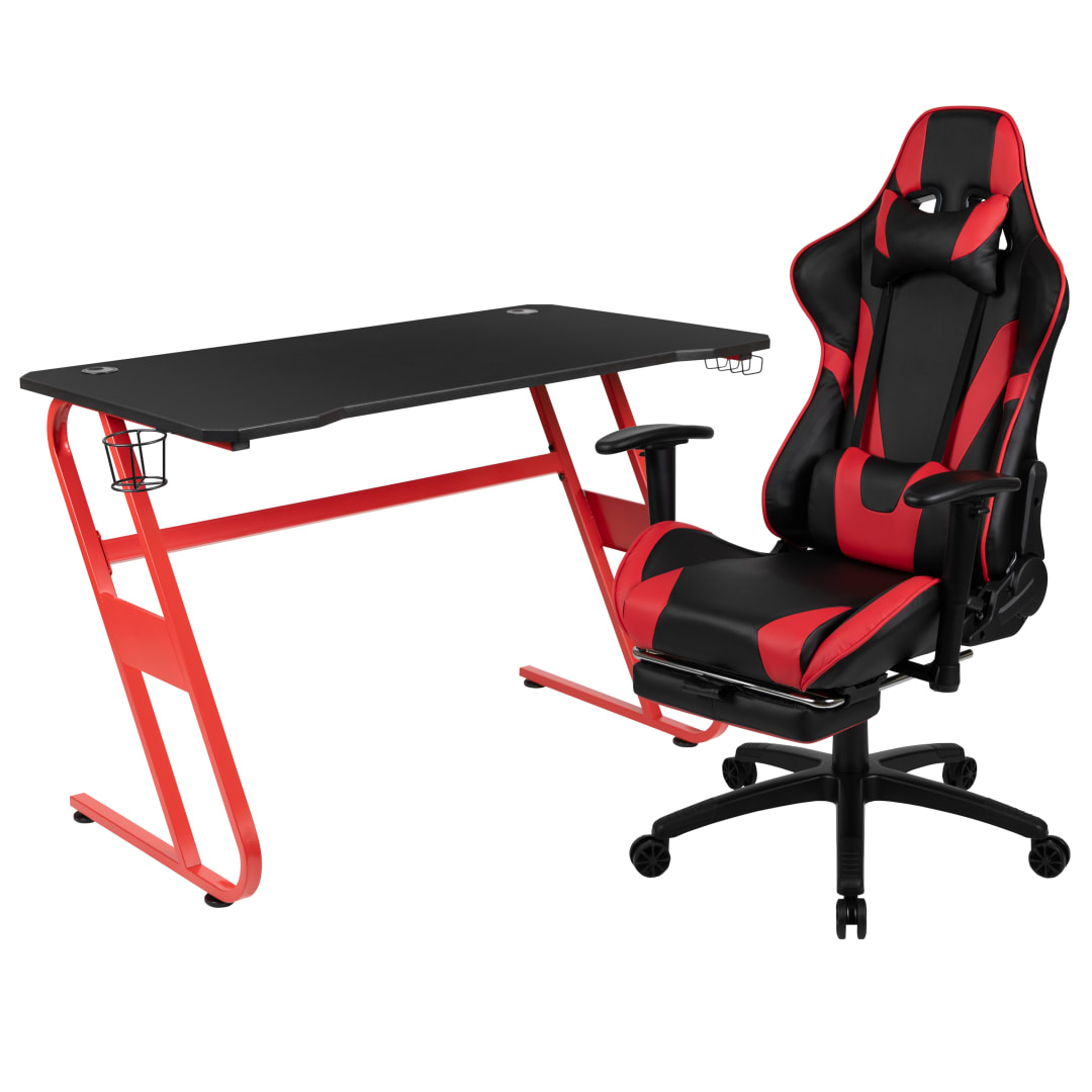 Optis Red Gaming Desk and Red/Black Footrest Reclining Gaming Chair Set with Cup Holder and Headphone Hook