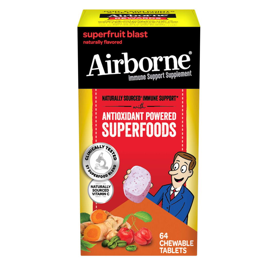 Airborne Vitamina C de origen natural (cerezas acerola) comprimidos masticables + mezcla de 7 superalimentos antioxidantes incluyendo kale y arándano – 64 comprimidos masticables, sabor Superfruit Blast