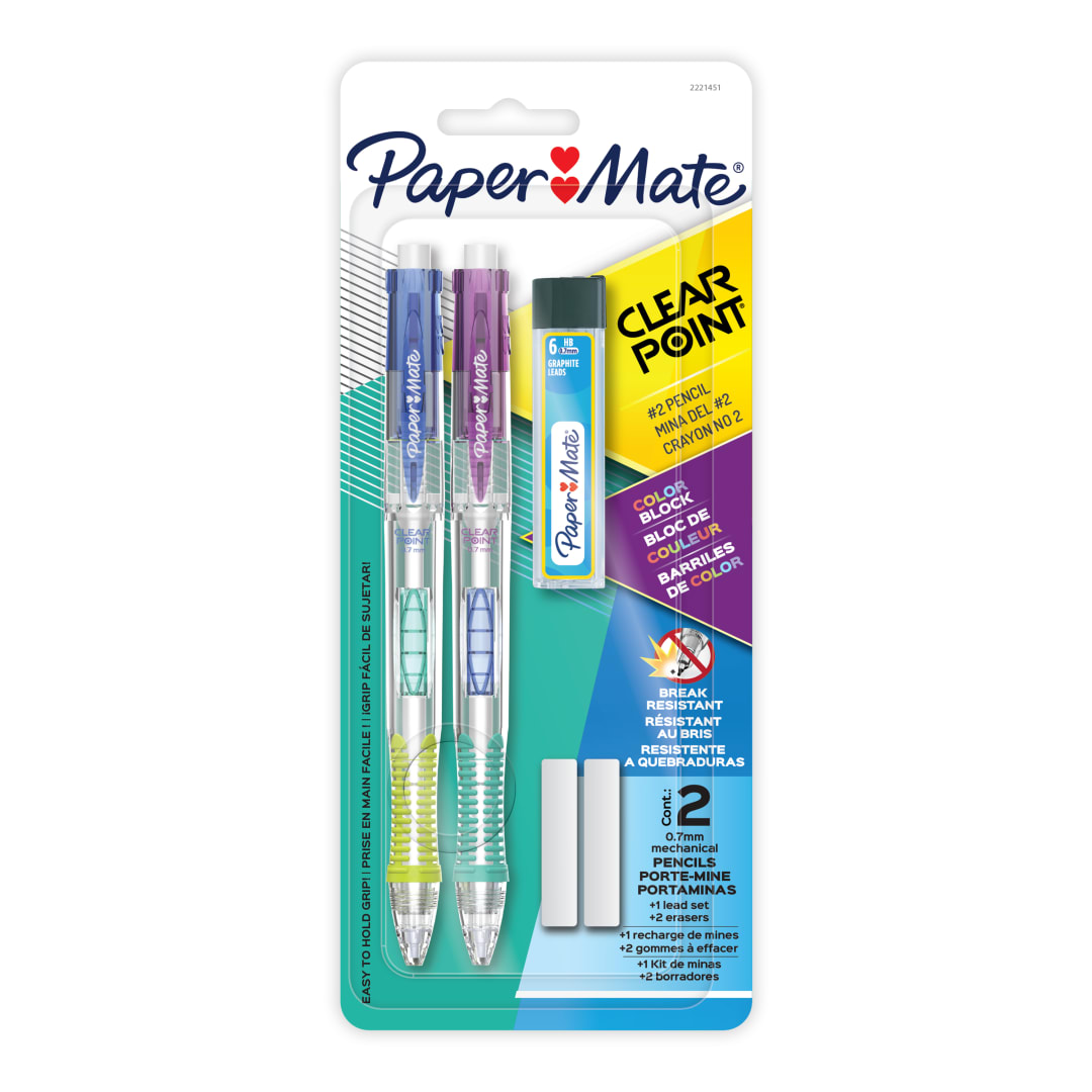 Paper Mate Clearpoint Mechanical Pencil, Break-Resistant, Color Block Edition, HB #2 Lead (0.7mm), Includes Eraser and Lead Refills, 5 Piece Set