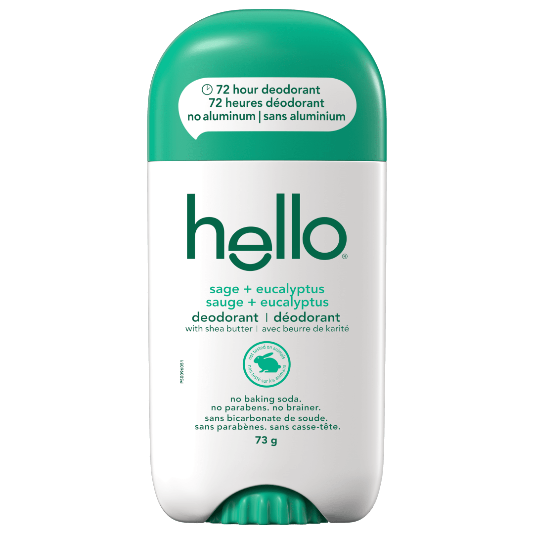 Déodorant sans aluminium hello sauge + eucalyptus pour femmes et hommes, Déodorant 72  heures, Seulement 9 ingrédients, Sans bicarbonate de soude, Enrichi en beurre de karité, Végétalien, Bâton déodorant de 73 g