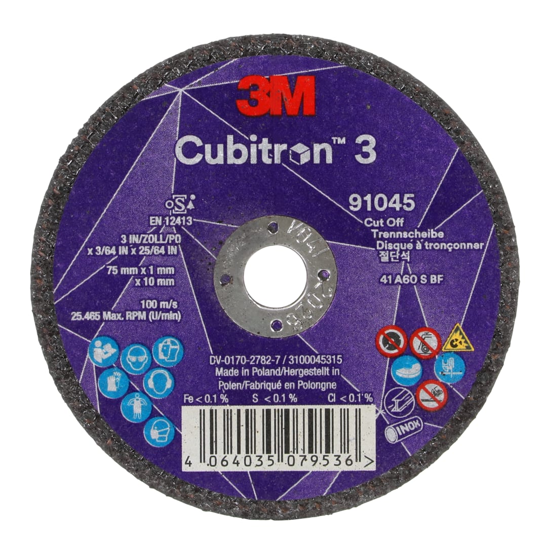 3M™ Cubitron™ 3 Rezný kotúč, 91045, 60+, T41, 75 mm x 1 mm x 10 mm, EN, 25/ Pack, 50 ea/Case