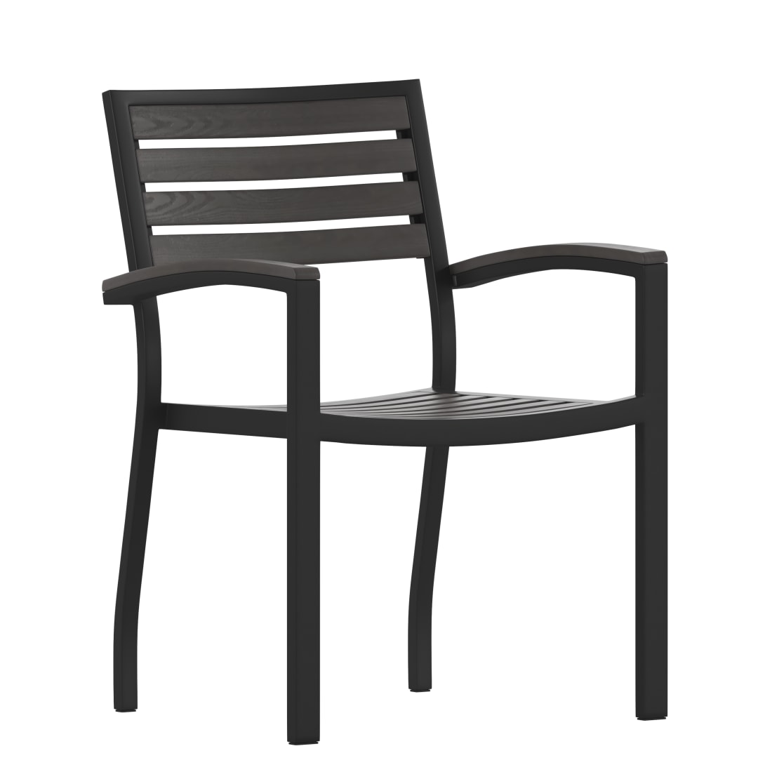 Lark Outdoor Stackable Faux Teak Side Chair - Commercial Grade Black Aluminum Patio Chair with Synthetic Gray Wash Faux Teak Slats