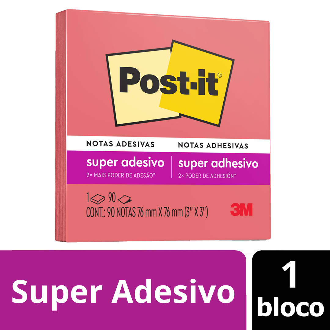 Bloco de Notas Super Adesivas Post-it®, Rosa Poppy, 76 mm x 76 mm, 90 Folhas