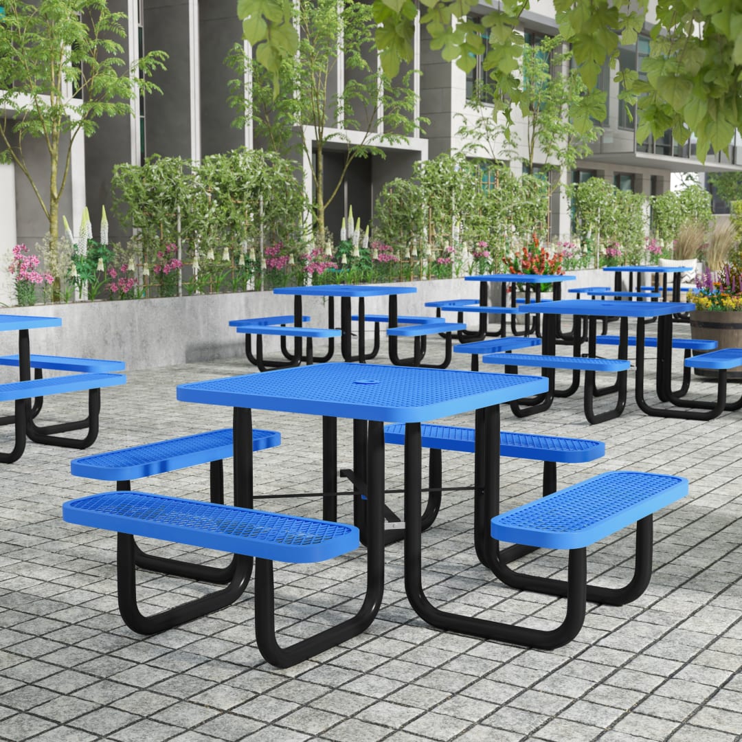 Creekside 46" Square Outdoor Picnic Table with Commercial Heavy Gauge Expanded Metal Mesh Seats and Top with Umbrella Hole and Ground Anchors, Blue