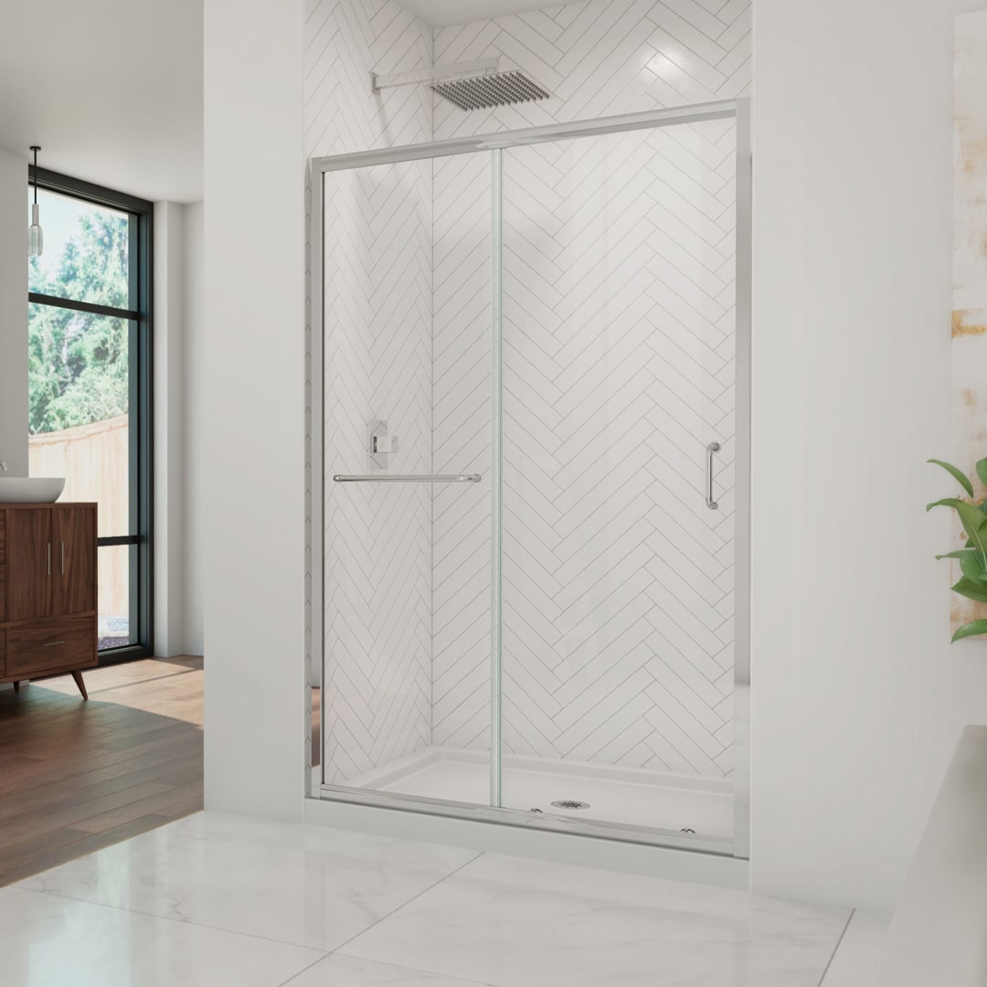 DreamLine Infinity-Z 36 inch D x 48 inch W x 74 3/4 inch H Semi-Frameless Sliding Clear Shower Door in Chrome with Center Drain White Shower Base Kit