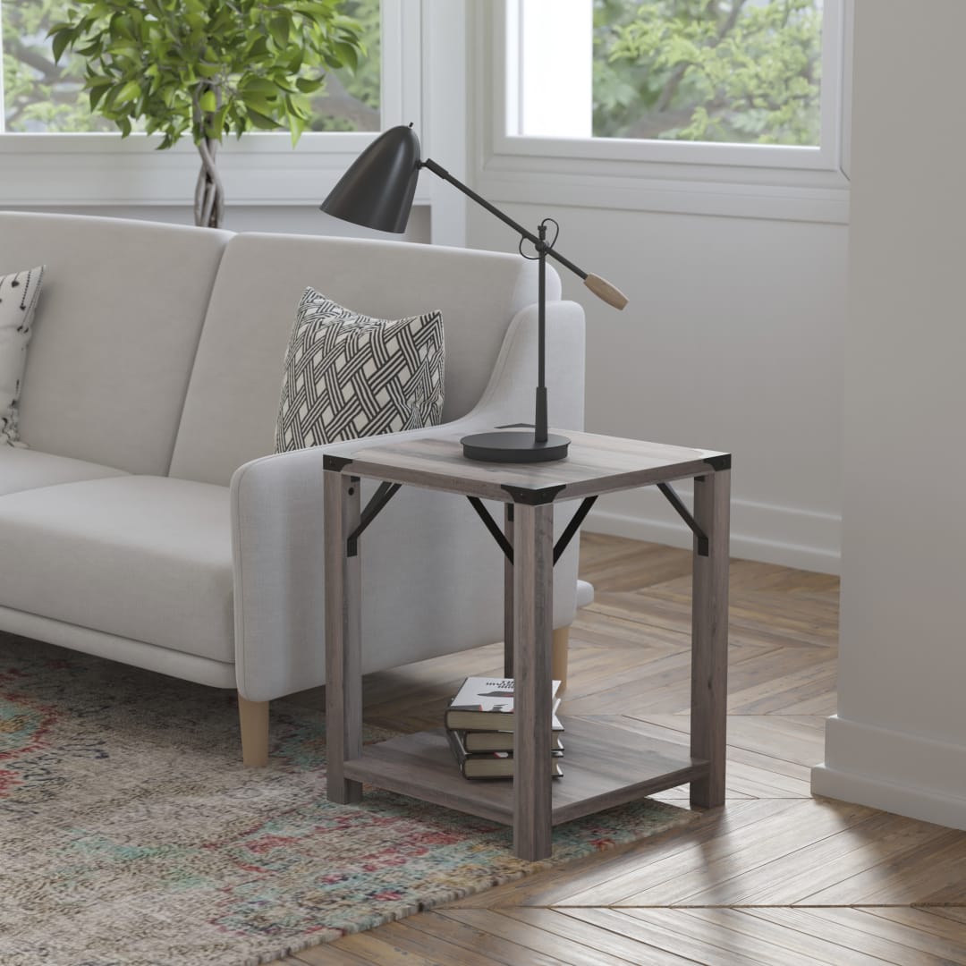 Wyatt Modern Farmhouse Wooden 2 Tier End Table with Black Metal Corner Accents and Cross Bracing, Gray Wash