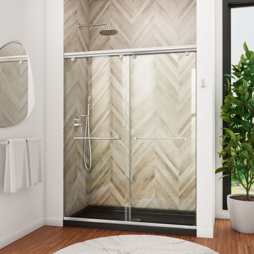 DreamLine Charisma 34 inch D x 60 inch W x 78 3/4 inch H Frameless Bypass Shower Door in Chrome with Center Drain Black Shower Base Kit