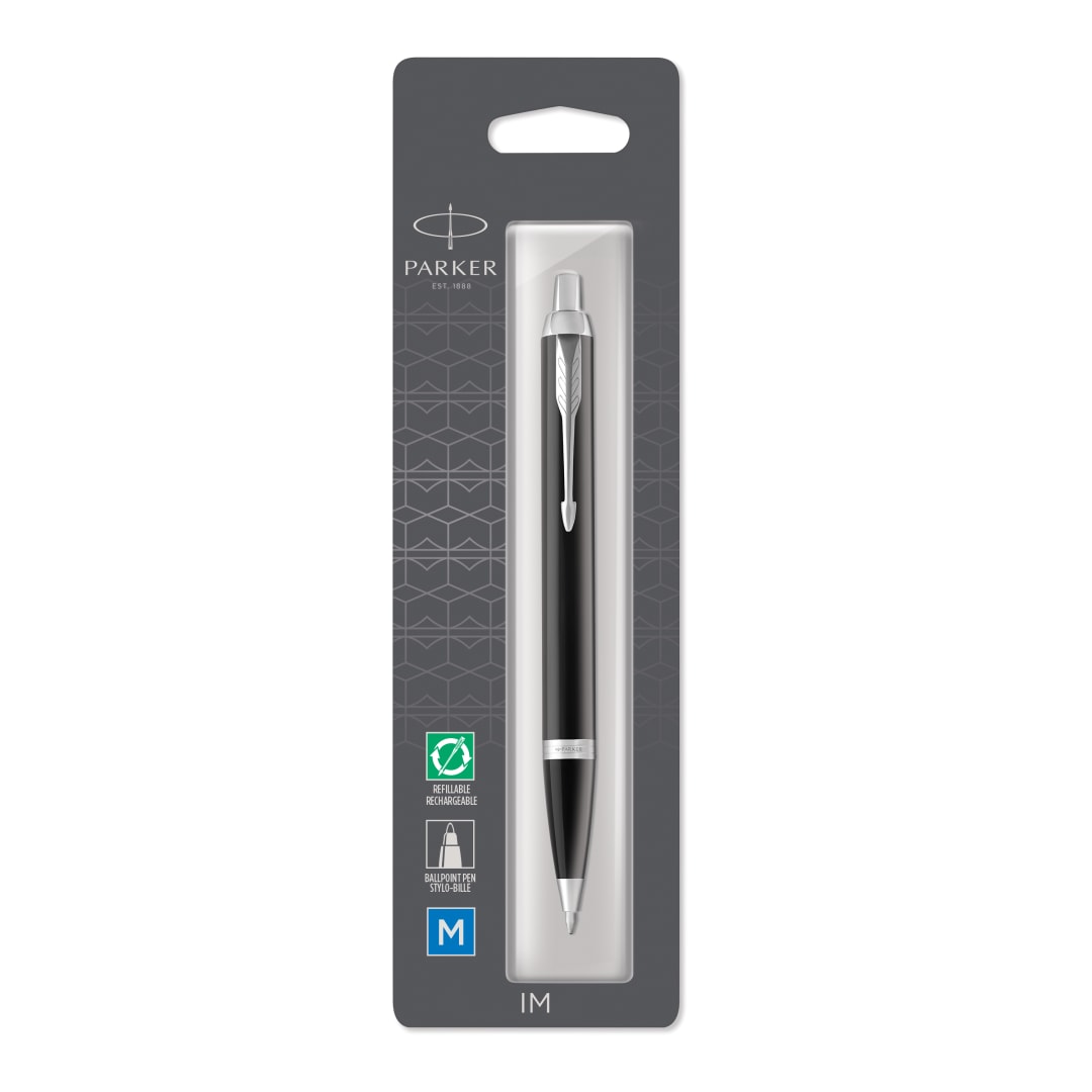 Parker IM Bolígrafo | Lacado en negro con ribete cromado | Punta mediana Recambio de tinta azul