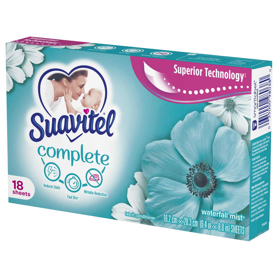 Suavitel Complete Fabric Conditioner Dryer Sheets, Waterfall Mist Scent, 18 Sheets